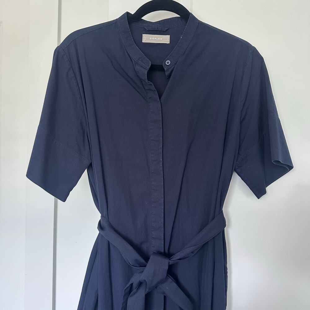 Everlane 10 Navy Blue Belted Poplin Cotton Button Up Above Knee Dress Minimalist - Picture 3 of 7